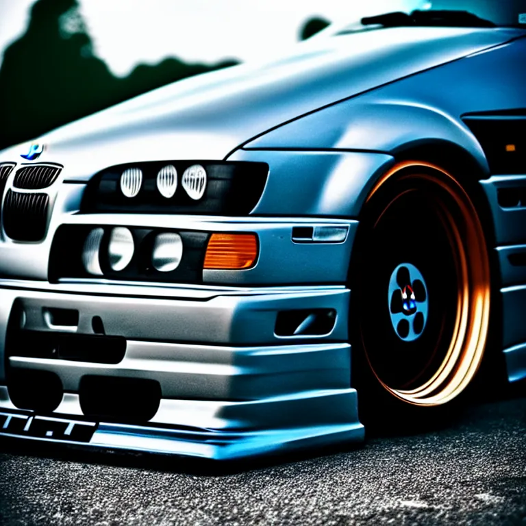 Image similar to close-up-photo BMW E36 widebody illegal JDM meet, Saitama prefecture, misty night, cinematic color, photorealistic, high detailed wheels, highly detailed bodykit,