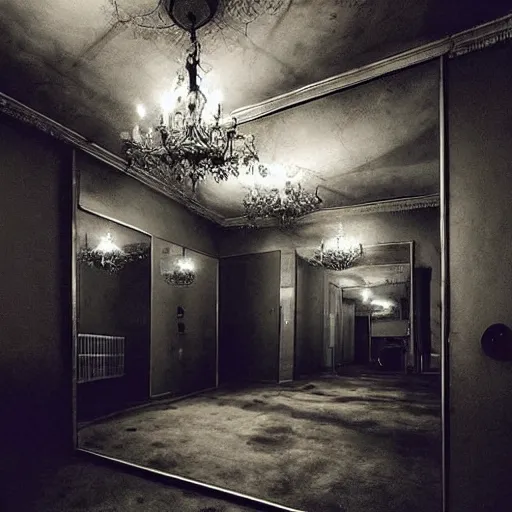 Image similar to a spooky room with infinite mirrors