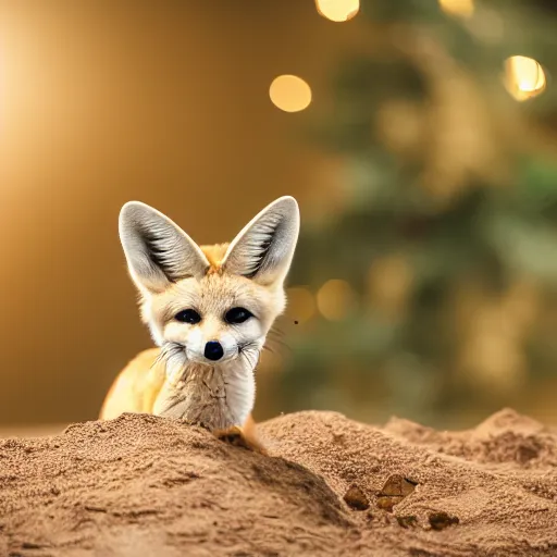 Prompt: a close up, studio colour photograph of a fennec fox, wearing a christmas hat on their head, dramatic backlighting at golden hour, 4k