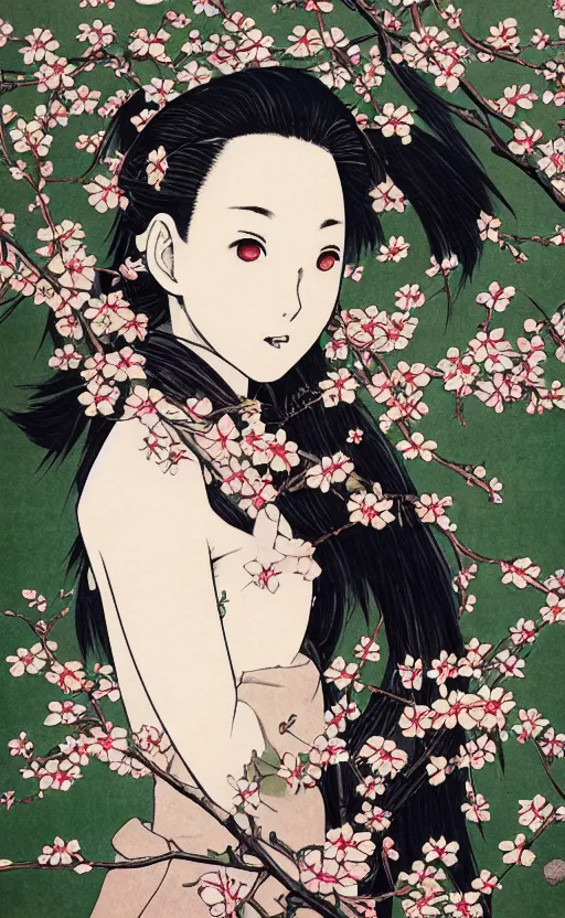 Prompt: by akio watanabe, manga art, realistic anatomy, a girl and blossoming blackthorn branch, trading card front, kimono, sun in the background