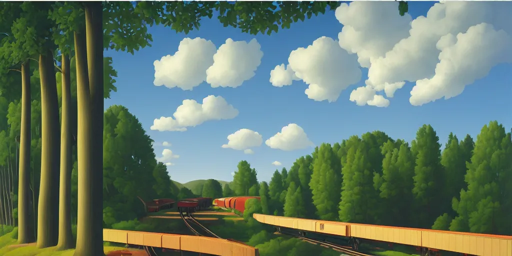 Image similar to tall bridge for trains, in the forest, blue sky, summer evening, kenton nelson