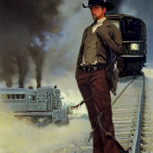 Prompt: a dramatic ethereal epic symmetrical painting of a handsome villainous cowboy standing in front of railroad tracks with a train locomotive | his shirt is unbuttoned and he has a pocketwatch | ( steampunk ), homoerotic. highly detailed painting by gaston bussiere, craig mullins, j. c. leyendecker 8 k