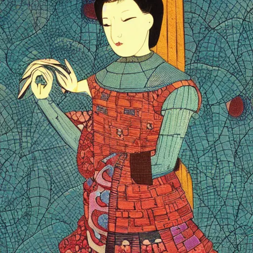 Prompt: interesting maximalist elaborate full body portrait of a beautiful medieval girl, in the style of kawase hasui and paul klee. vibrant textures. HD no frame