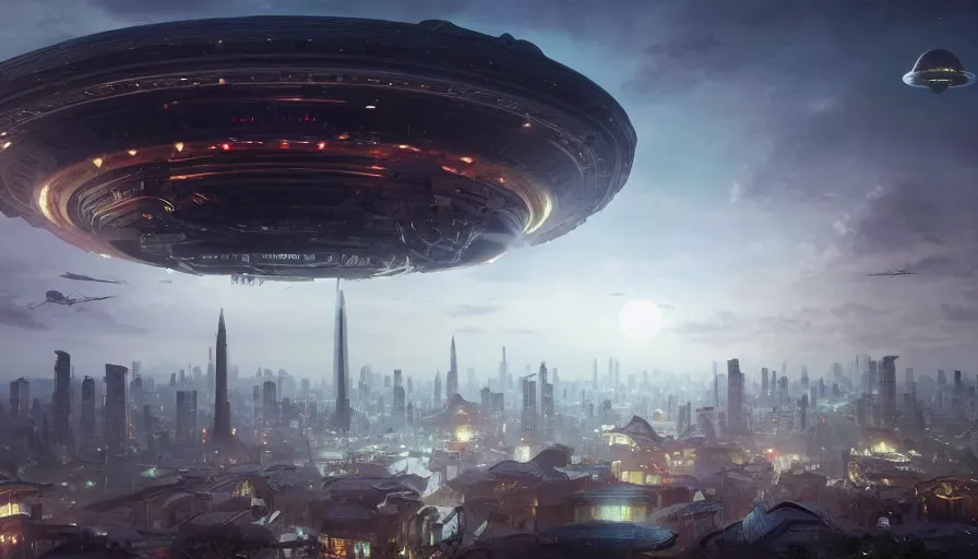 Image similar to a giant alien ufo high tech spaceship eerily hovering on ancient shanghai city landscape with beautiful temples by greg rutkowski, artgerm, ross tran, magali villeneuve, intricate, time travel theme, audince in awe, spectacle, audience sorrounding, award winning, octane render, masterpiece, 8 k, beautiful