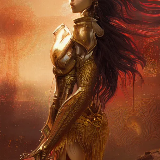 Image similar to portrait knights of Zodiac girl, metallic black and reddish color reflected armor, in ruined Agora of Athens, ssci-fi, fantasy, intricate, very very beautiful, elegant, golden light, highly detailed, digital painting, artstation, concept art, smooth, sharp focus, illustration, art by WLOP and tian zi and alphonse mucha