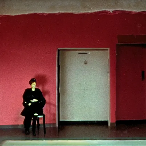 Prompt: a black unicorn in a Soviet building, film still by David Lynch