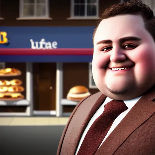 Image similar to Close up portrait of a chubby man wearing a brown suit and necktie with a bakery in the background. Photorealistic. Award winning. Dramatic lighting. Intricate details. UHD 8K. He looks happy.