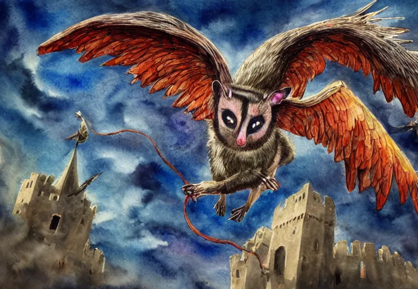 Image similar to legendary colorful winged possum flying over a medieval castle under a dark starred sky, dark fantasy, watercolor, dreaming illusion, highly detailed, 4k, trending on Artstation, award-winning