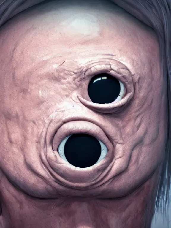 Prompt: Painted of unbrushed one-eyed cyclops without nose and with one giant eye. High detail, hyperrealism, 8k, fantasy art, octane render, concept art