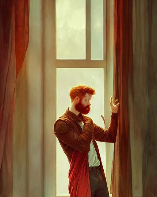 Prompt: attractive red - headed bearded man looking out the window expectantly, a small smile on his lips, highly detailed, digital painting, artstation, concept art, smooth, sharp focus, illustration, art by artgerm, greg rutkowski, alphonse mucha, j. c. leyendecker