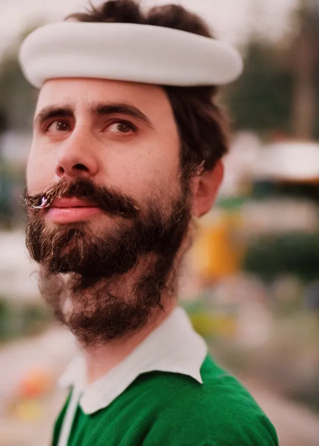 Prompt: portrait photo of charlie day dressed as luigi, cinestill 8 0 0 t, 8 5 mm f / 1. 8, bokeh, backlit