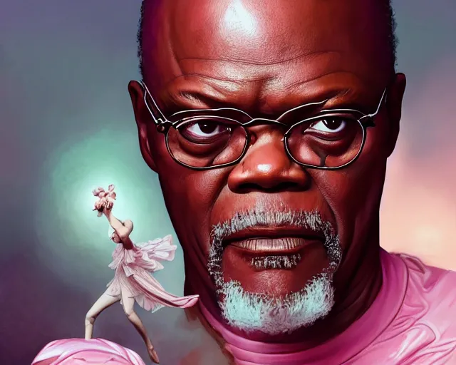 Image similar to photography of samuel l jackson in a pink ballerina outfit, fulll body shot, deep focus, d & d and mtg, fantasy, intricate, elegant, highly detailed, digital painting, artstation, concept art, matte, sharp focus, illustration, hearthstone, art by artgerm and greg rutkowski and alphonse mucha