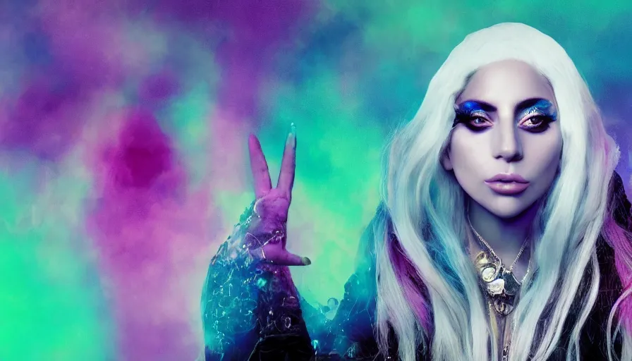 Image similar to lady gaga with long white hair holding a peace sign, an album cover by Hedi Xandt, featured on deviantart, holography, smokey background, matte background, seapunk High resolution. Highly detailed. Dramatic. 8k.4k.