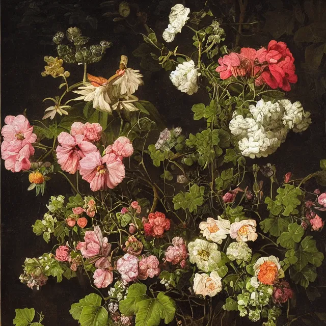 Prompt: flowers and ivy in a garden at night, a flemish baroque painting by jan van kessel the younger, black background, intricate high detail masterpiece