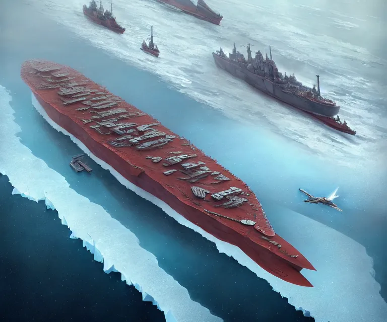 Image similar to one singular solo enormous gigantic steel ship - shaped fortress sailing across an icy frozen ocean. masterpiece, cinematic, octane render, depth of field, bokeh, architecture, aerial view, art by tom bagshaw, geof darrow, james gurney, filip hodas