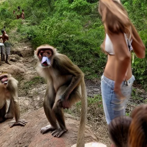 Image similar to monkey walks out of cave holding a stone club, crowds of blond female human women watch on in awe