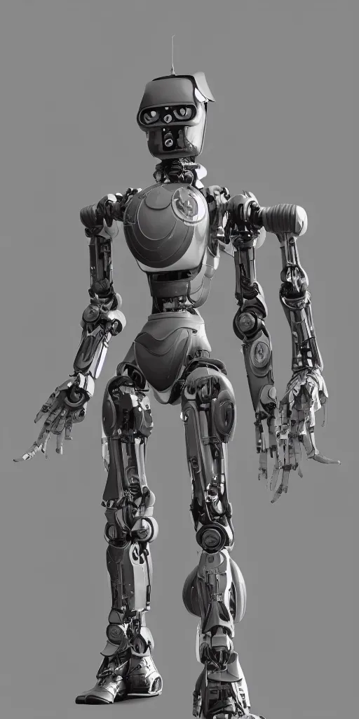 Prompt: a robot is standing in a black and white photo, a 3 d render by senior character artist, cgsociety, afrofuturism, hard surface modeling, cryengine, zbrush