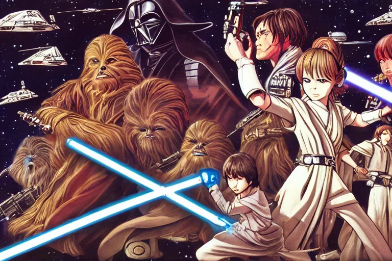 Image similar to star wars illustration in the style of yoshitaka amano, 1 9 7 7 anime, 4 k, remastered, high resolution, 2. 3 5 : 1 ratio