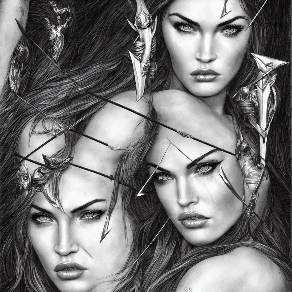 Image similar to portrait of beautiful megan fox as greek goddess aphrodite, archer, arrow on the head, beautiful piercing eyes, flowing blonde hair, realistic face, black and white drawing, in the style of greg rutkowski, fantasy, amazing detail, epic, intricate, elegant, smooth, sharp focus