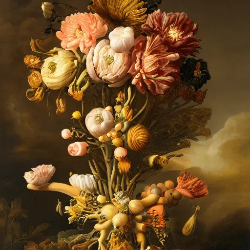 Image similar to disgusting disturbing dutch golden age bizarre floral still life with many human toes sprouting up everywhere by rachel ruysch black background chiaroscuro beautiful dramatic lighting perfect composition high definition 8 k 1 0 8 0 p