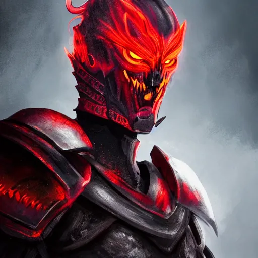 Image similar to a highly detailed character portrait of a man wearing a epic dark armor with glowing red eyes concept art