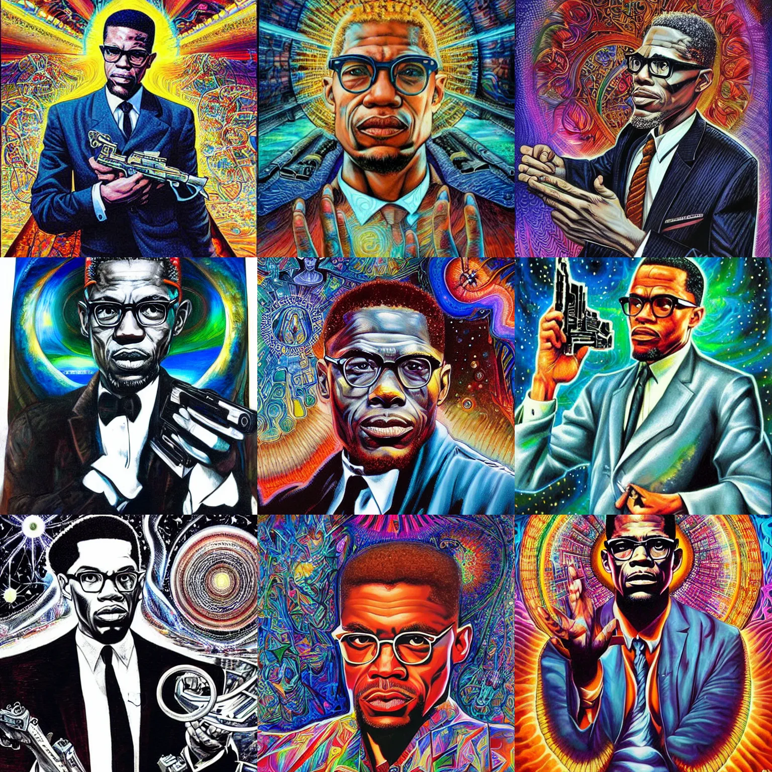 Image similar to Malcolm x holding an uzi painting by android jones in the style of cosmic christ by alex grey