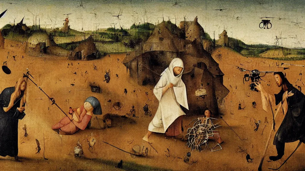 Prompt: a drone attack to innocent villager, close-up villager terrified by drone, in the fashion of Hieronymus Bosch, oil on canvas, painting, 4k