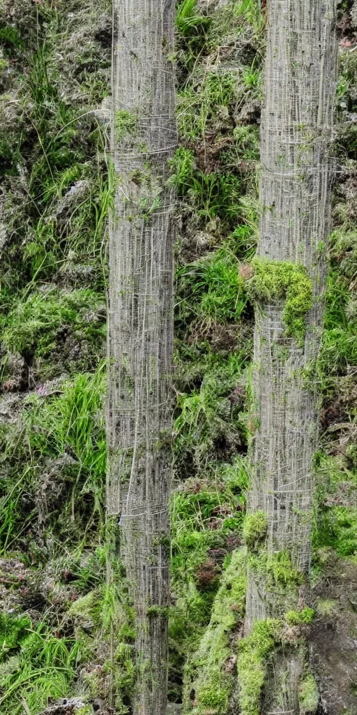 Prompt: tall and slender concrete rods emerge out of the gravel. Moss and ferns grow from holes in the rods. The rods are clustered very close together and stand straight and tall.