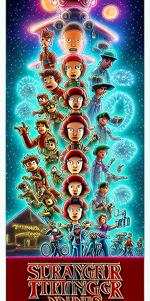 Image similar to animated version of Futurama Stranger Things poster by Matt Groening, cartoon, detailed faces, high resolution, hyper detailed, intricate, illustrated, dramatic lighting !n-9