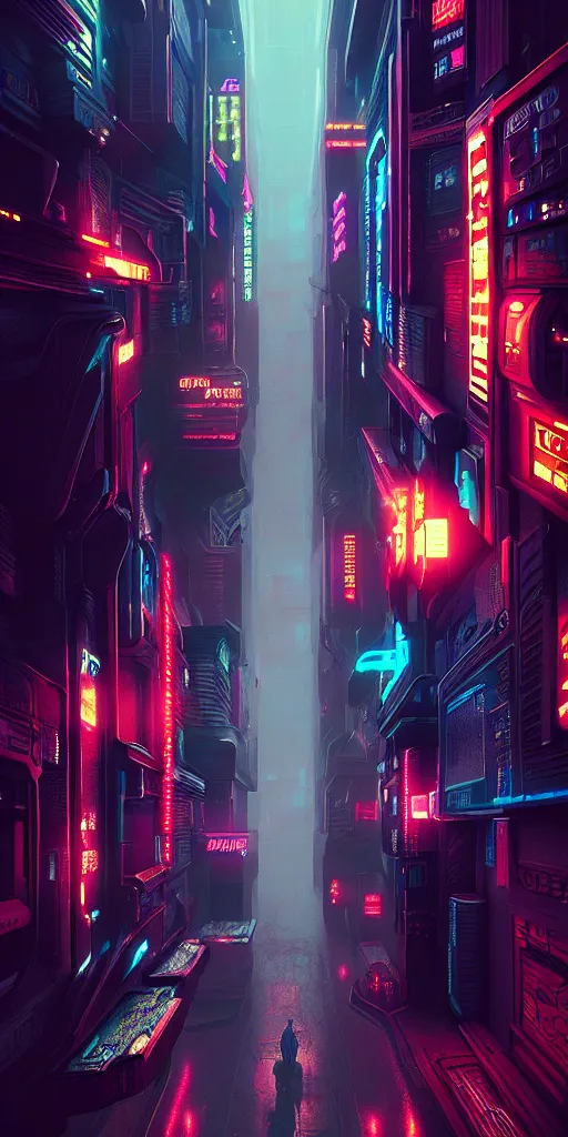 Image similar to epic cyberpunk cityscape arcade : : blade runner, james guilleard, beeple, laurie greasley, dan mcpharlin : : ornate, dynamic, particulate, rich colors, intricate, elegant, highly detailed, centered, artstation, smooth, sharp focus, octane render, 3 d