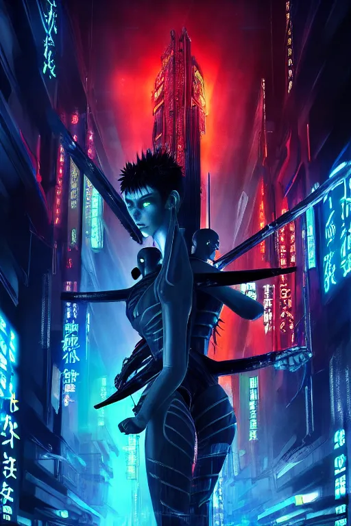 Prompt: high quality 3 d render sci - fi! samurais hybrid fighting to deaf, highly detailed, unreal engine cinematic smooth, in the style of blade runner, hannah yata charlie immer, dark blue neon light, low angle, uhd 8 k, sharp focus