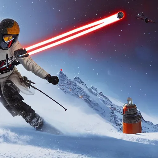 Image similar to star wars xwing pilot skiing down a mountain using lightsabers as poles, highly detailed, high resolution, ultra realistic