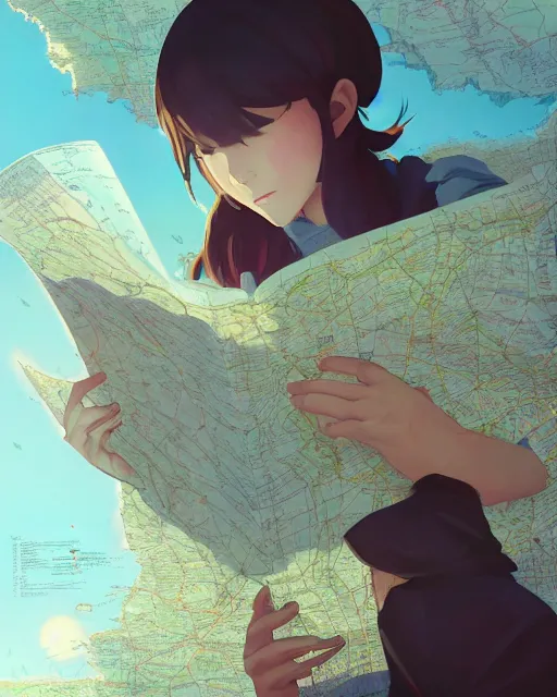 Prompt: a girl reading a map, full shot, atmospheric lighting, detailed face, by makoto shinkai, stanley artger m lau, wlop, rossdraws, james jean, andrei riabovitchev, marc simonetti, krenz c