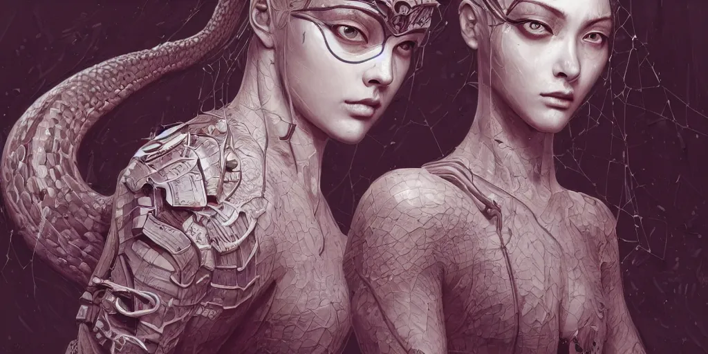 Prompt: hyperrealistic photography of a highly detailed and symmetrical gorgeous nordic female with snake eyes and a gigantic spider in the style of jin kagetsu, james jean and wlop, highly detailed, face symmetry, highly realistic hands, masterpiece, award - winning, sharp focus, intricate concept art, ambient lighting, 8 k, artstation