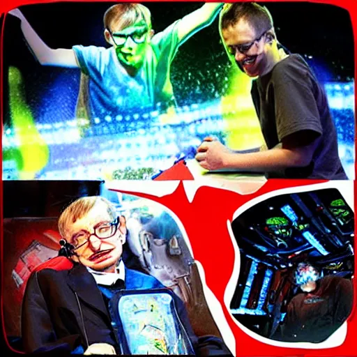 Image similar to stephen hawking wins a brutal lazer tag tournament