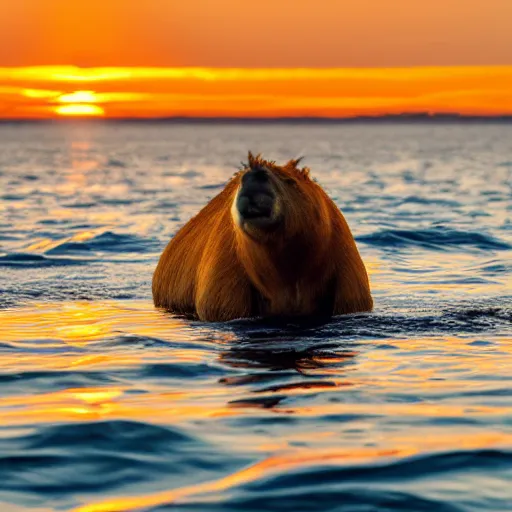 Prompt: ​a capybrara sitting on a big orange half of it is floating in the middle of the ocean at sunset