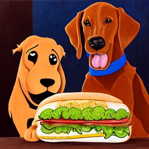 Prompt: portrait of the dog scooby doo and his friend shaggy with 2 foot high sandwiches