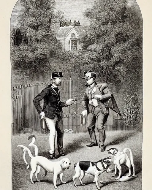 Image similar to “Who Let the Dogs Out” constables investigate the scene of a quaint garden, overrun by champion show dogs canines, a Victorian lithograph