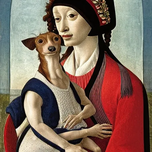 Prompt: portrait of an italian greyhound as an italian queen, holding a small person in her lap, painting by sandro botticelli