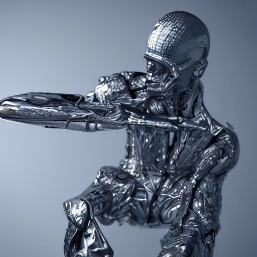 Image similar to 3 d render melted military cyborg humanoid sculpture, chrometype, liquid metal, neotribal, raytraced, volumetric lightning, 8 k by wlop, innate studio h - 1 0 0 0 w - 1 0 0 0