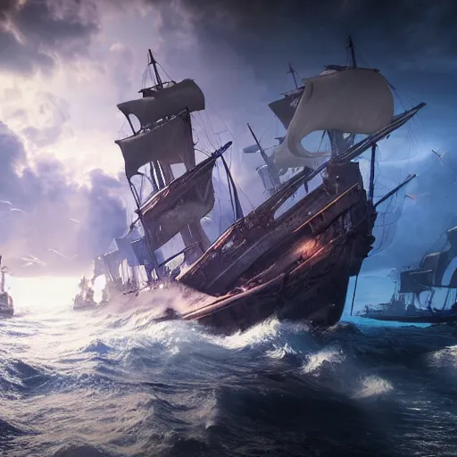 Image similar to ancient ship battle, highly detailed, photorealistic portrait, bright studio setting, studio lighting, crisp quality and light reflections, unreal engine 5 quality render