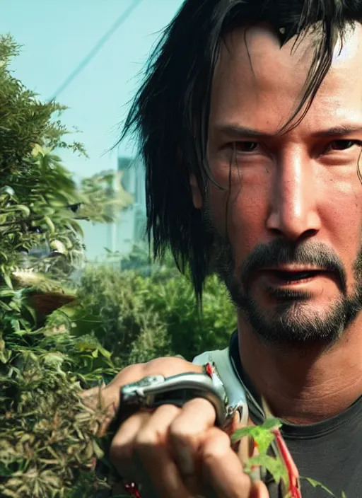 Image similar to wake up samurai, solarpunk, lots of plants, gardening, permaculture, keanu reeves as johnny silverhand, cyberpunk 2 0 7 7, anarchy, realistic, ultra detailed, face enhance