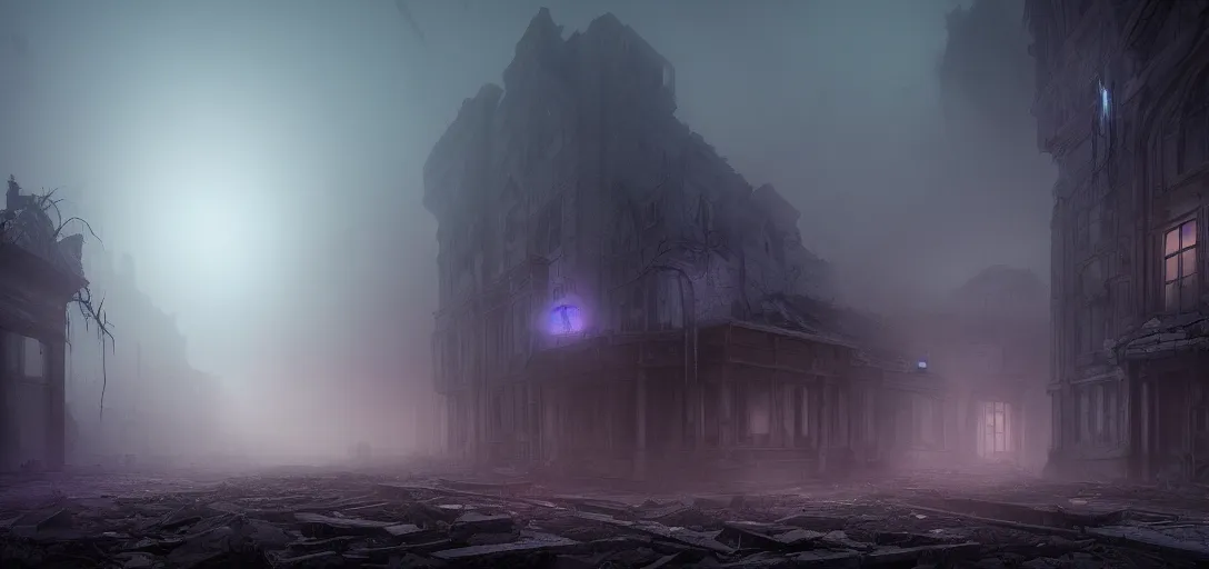 Prompt: dramatic eerie render of dark abandoned ruined city at night, accurate ray tracing, mysterious fog, glowing lights, ghostly particles, mist, streelights, ambient occlusion, unreal engine, detailed, vibrant, artstation, by dylan cole and jordan grimmer