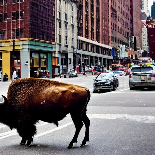 Prompt: photo of a bison, in a New York street, cars, buildings, 50mm, beautiful photo,