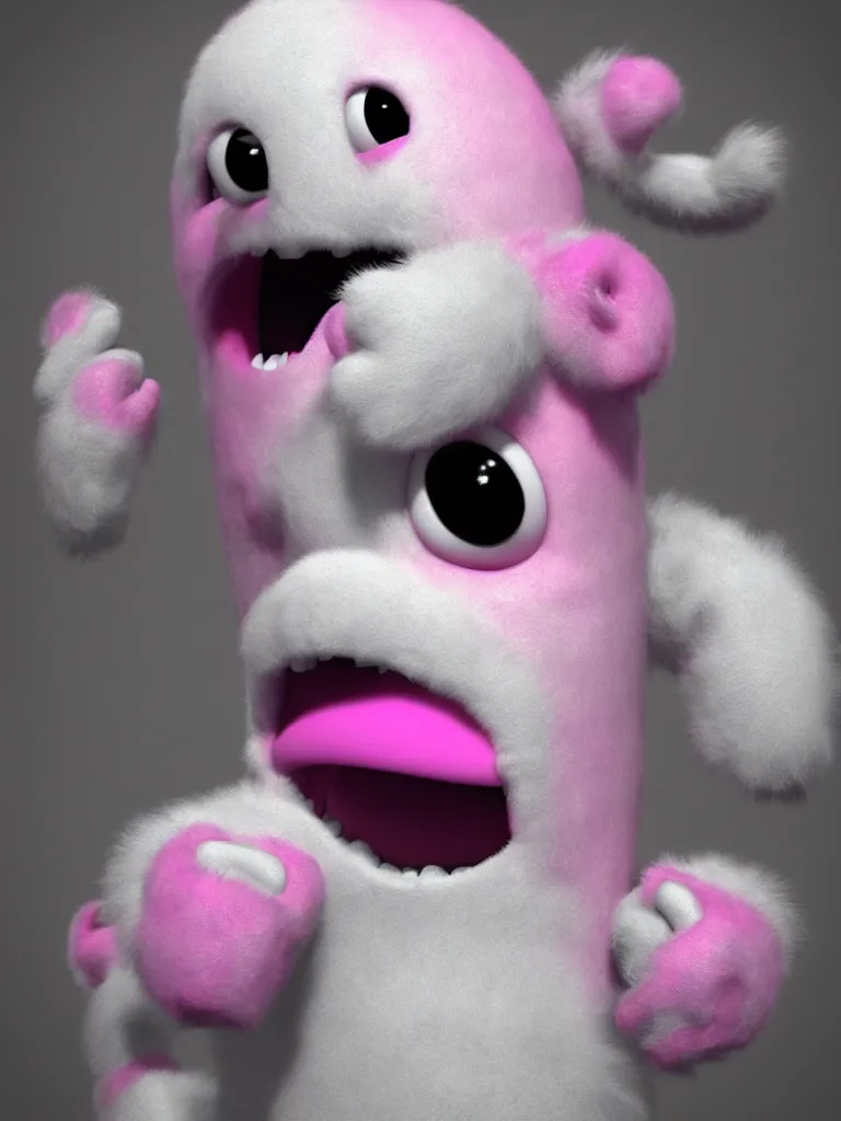 Image similar to “realistic pinkie the ghost from pac man rendered in 3d, fuzzy, furry, pixar, ultradetailed, octane render, epic”