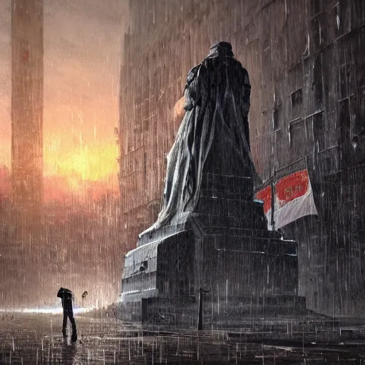 Prompt: a highly detailed epic cinematic concept art CG render digital painting artwork: close up of a melted socialist monument in the rain. Soviet, gloomy, night. By Greg Rutkowski, Ilya Kuvshinov, WLOP, Stanley Artgerm Lau, Ruan Jia and Fenghua Zhong, trending on ArtStation, made in Maya, Blender and Photoshop, octane render, excellent composition, cinematic atmosphere, dynamic dramatic cinematic lighting, aesthetic, very inspirational, arthouse