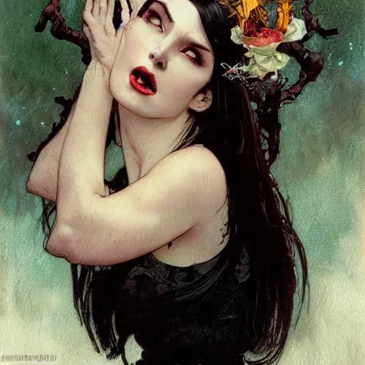 Image similar to portrait of a menacing beautiful vampire, head only, headshot, detailed and clear eyes and mouth, black hair by Stanley Artgerm Lau , greg rutkowski, thomas kindkade, alphonse mucha, loish, norman rockwell, J. C. Leyendecker. hair waving in the wind, pale skin, sinister complexion, thorn crown, image bordered by thorns, thorn background. D&D, fantasy. Trending on artstation rule of thirds extremely detailed illustration hd 4k