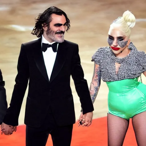 Image similar to mimmo rottela as joaquin phoenix skinny joker holding hand lady gaga harley queen