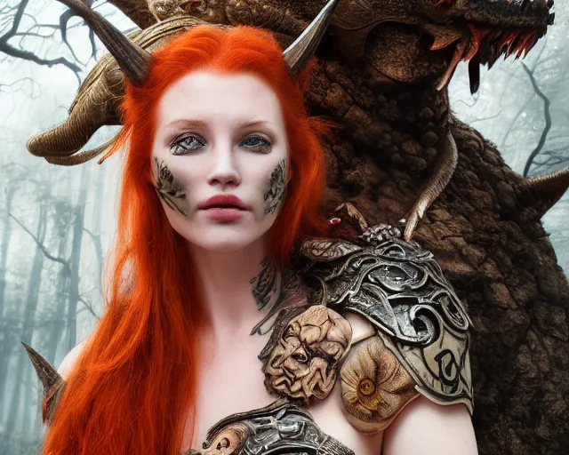 Prompt: 5 5 mm portrait photo of an armored gorgeous anesthetic redhead woman warrior with a face tattoo and horns growing from her head, and dragon sitting on her shoulder in a magical forest in the style of stefan kostic, art by luis royo. highly detailed 8 k. intricate. lifelike. soft light. nikon d 8 5 0. cinematic post - processing