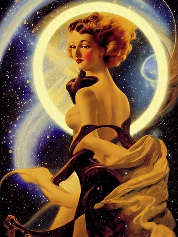 Image similar to Morpheus the god of dreams, a beautiful art nouveau portrait by Gil elvgren, colliding galaxy environment, centered composition, defined features, golden ratio, silver helmet